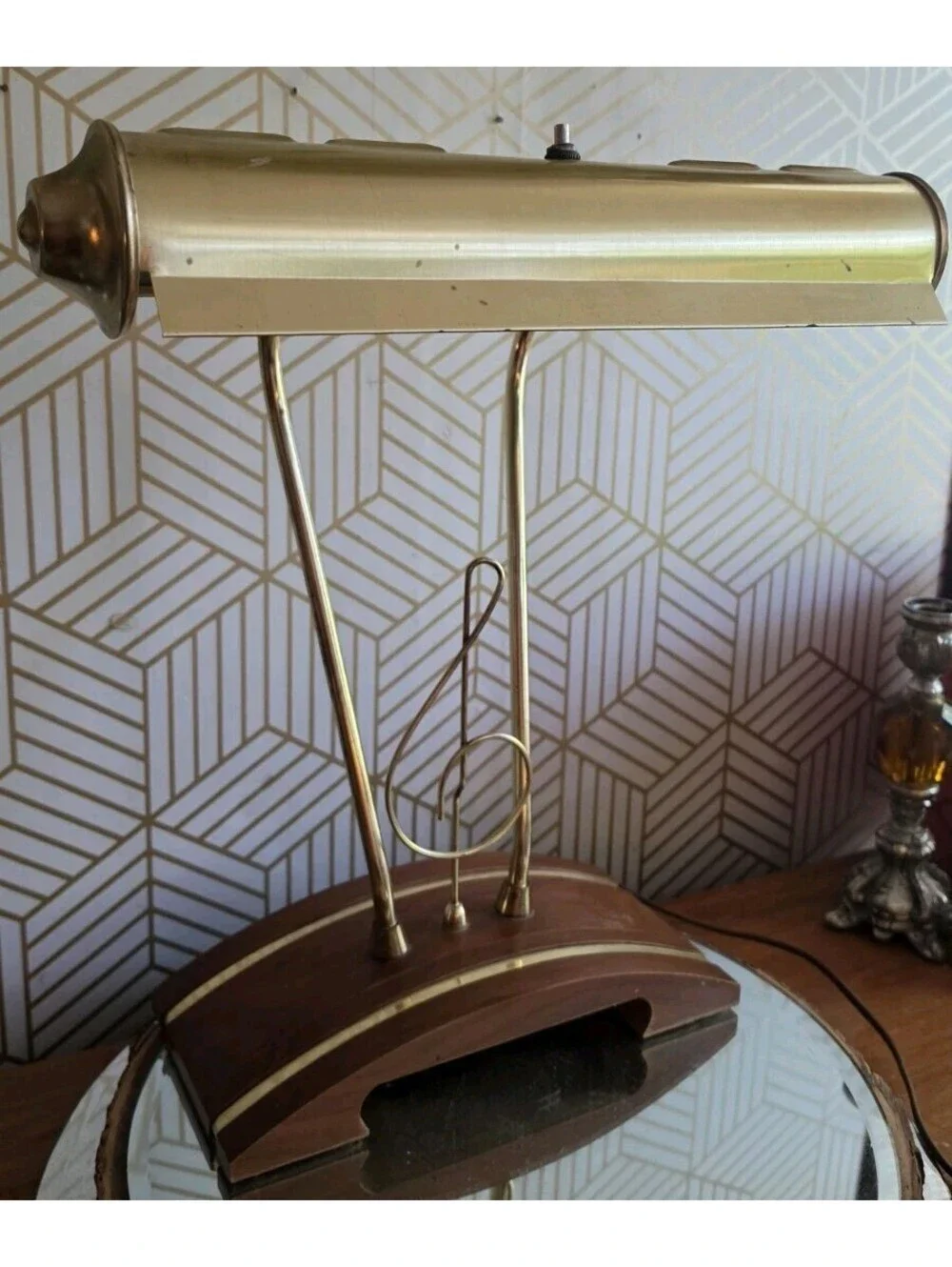 Vintage Large Brass Piano Lamp w Musical Note, Midcentury Wood Base, Wide Head